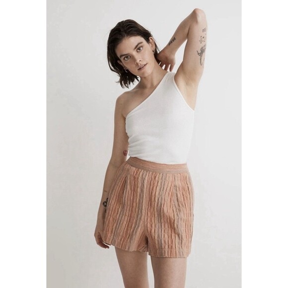Madewell Clean PullOn Shorts in Herringbone Stripe Size Medium Orange Pink Retro